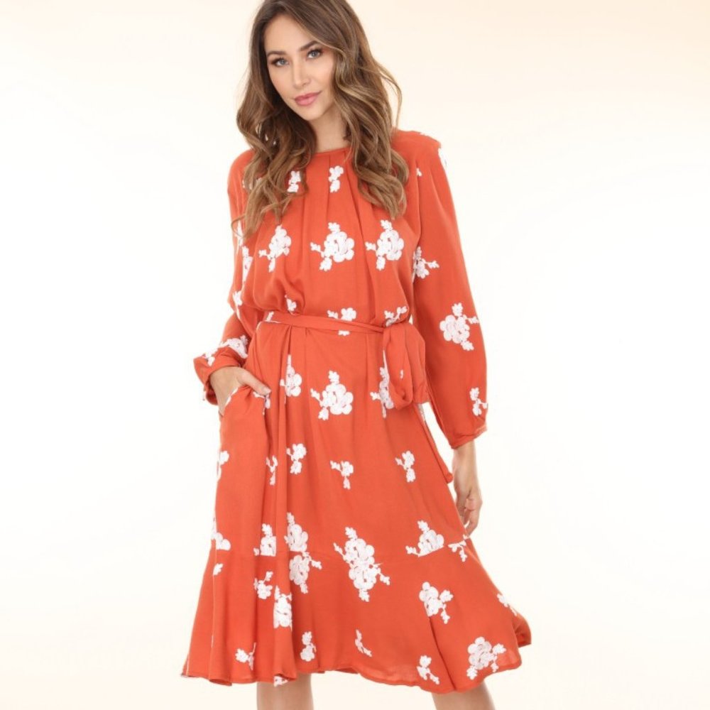 Burnt Orange Peasant Midi Dress